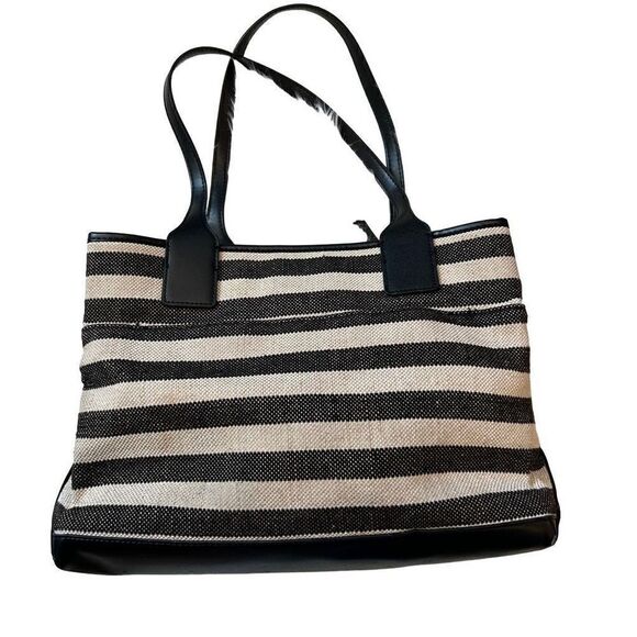 Nanette Lepore black creme striped purse cloth vegan leather - Picture 2 of 15